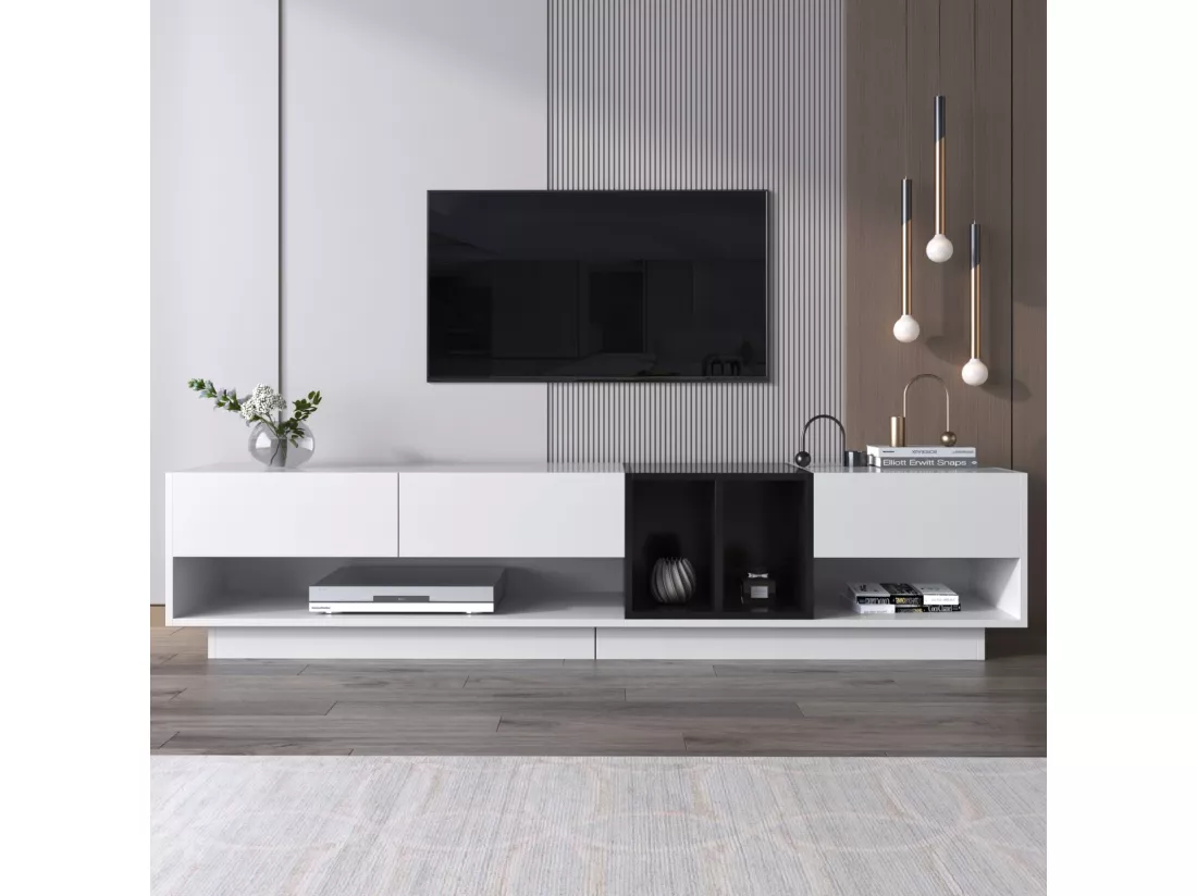 Meuble TV avec 3 tiroirs et 4 niche - Blanc et Noir - Panneaux de particules - 190x34x40cm