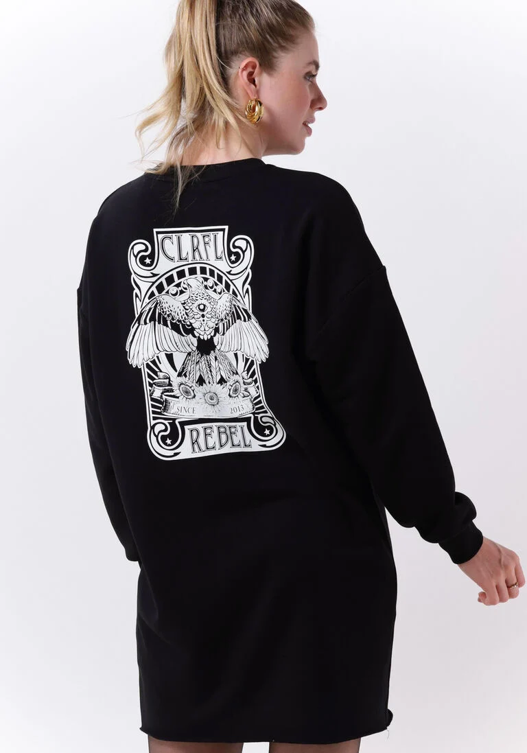 COLOURFUL REBEL zwarte colourful rebel mini jurk art eagle dropped shoulder sweat dress