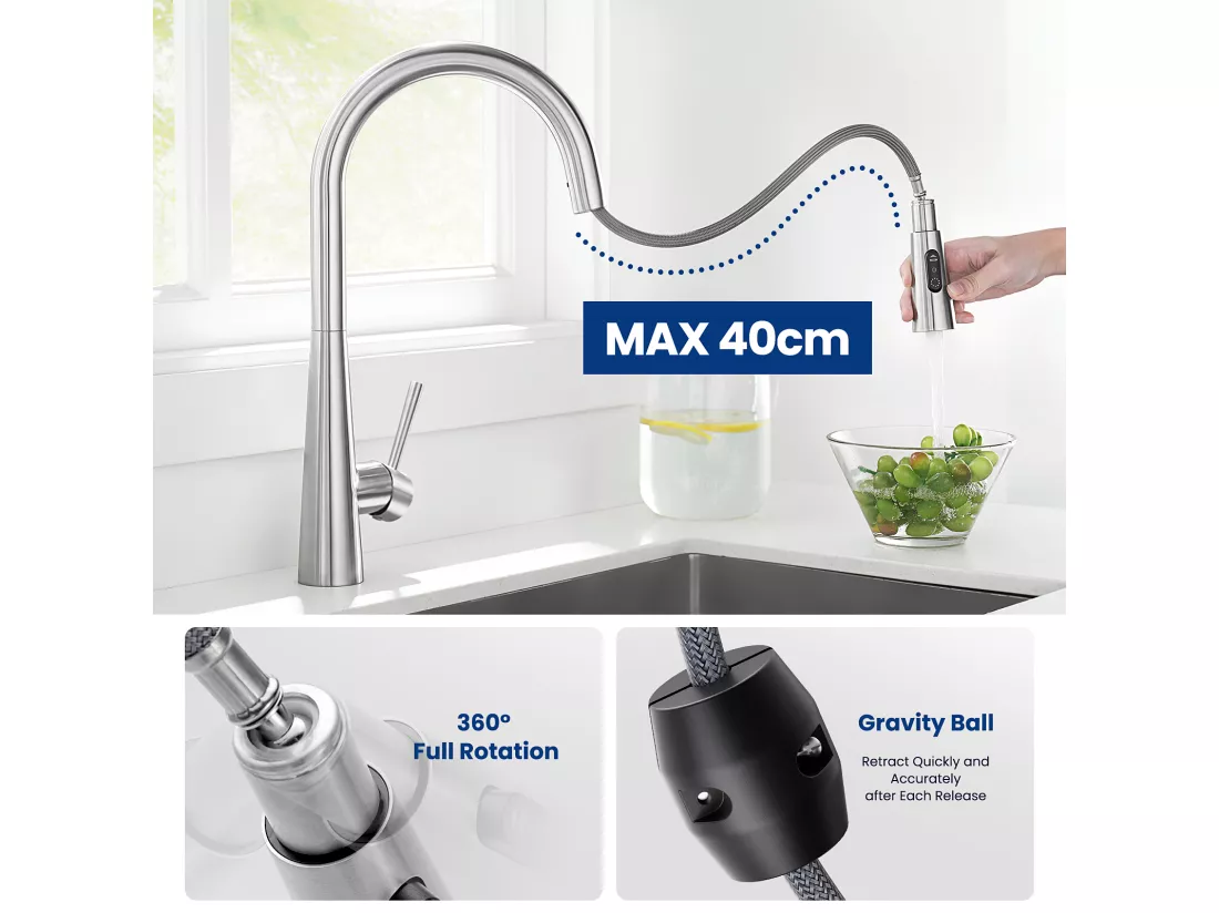 Mitigeur de Cuisine Brossé avec 3 Modes Jets Eau, Cecipa max Robinet Evier Haute Qualité 360 Rotatif, Mitigeur avec Douchette Extractible,EU Modèle