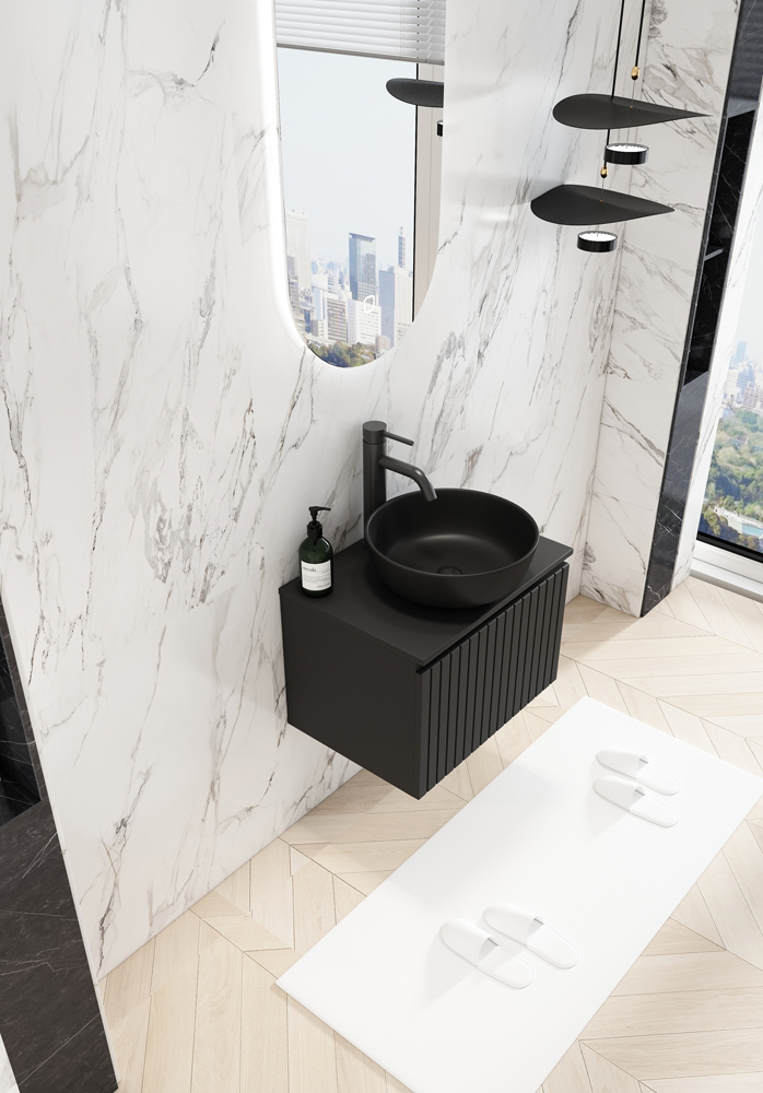 Fontana Stripe zwart badmeubel ribbelfront 60cm met zwarte waskom en ovale LED spiegel