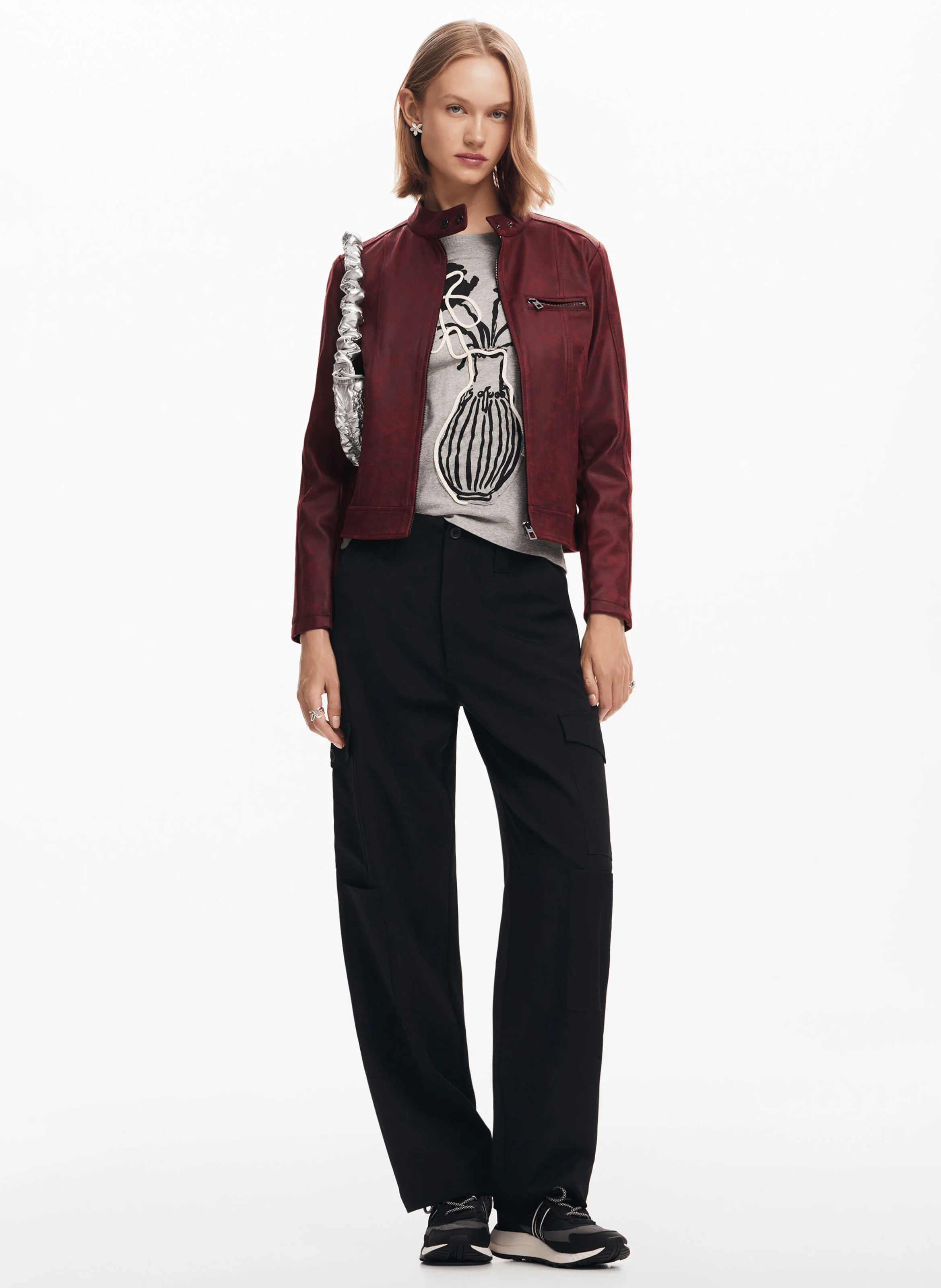 Veste droite biker effet cuir| Rouge