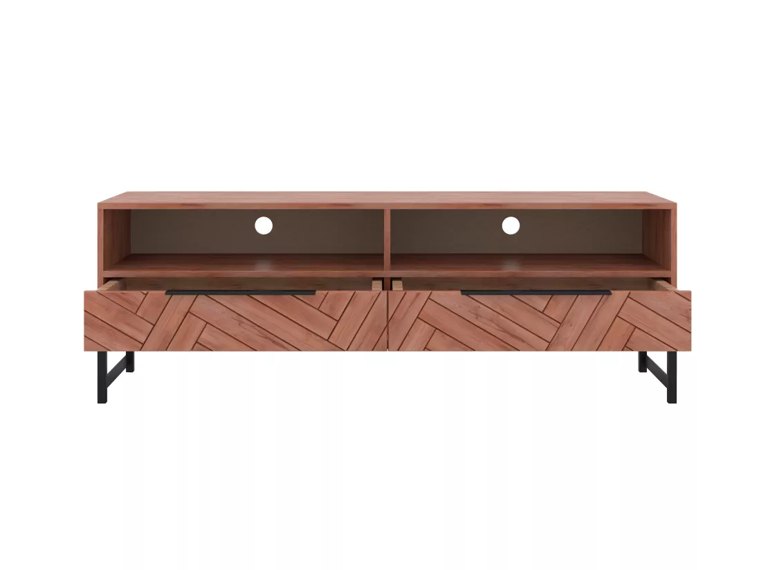 Meuble TV 2 tiroirs et 2 niches en bois d'acacia et métal - Naturel et noir - VEDILA