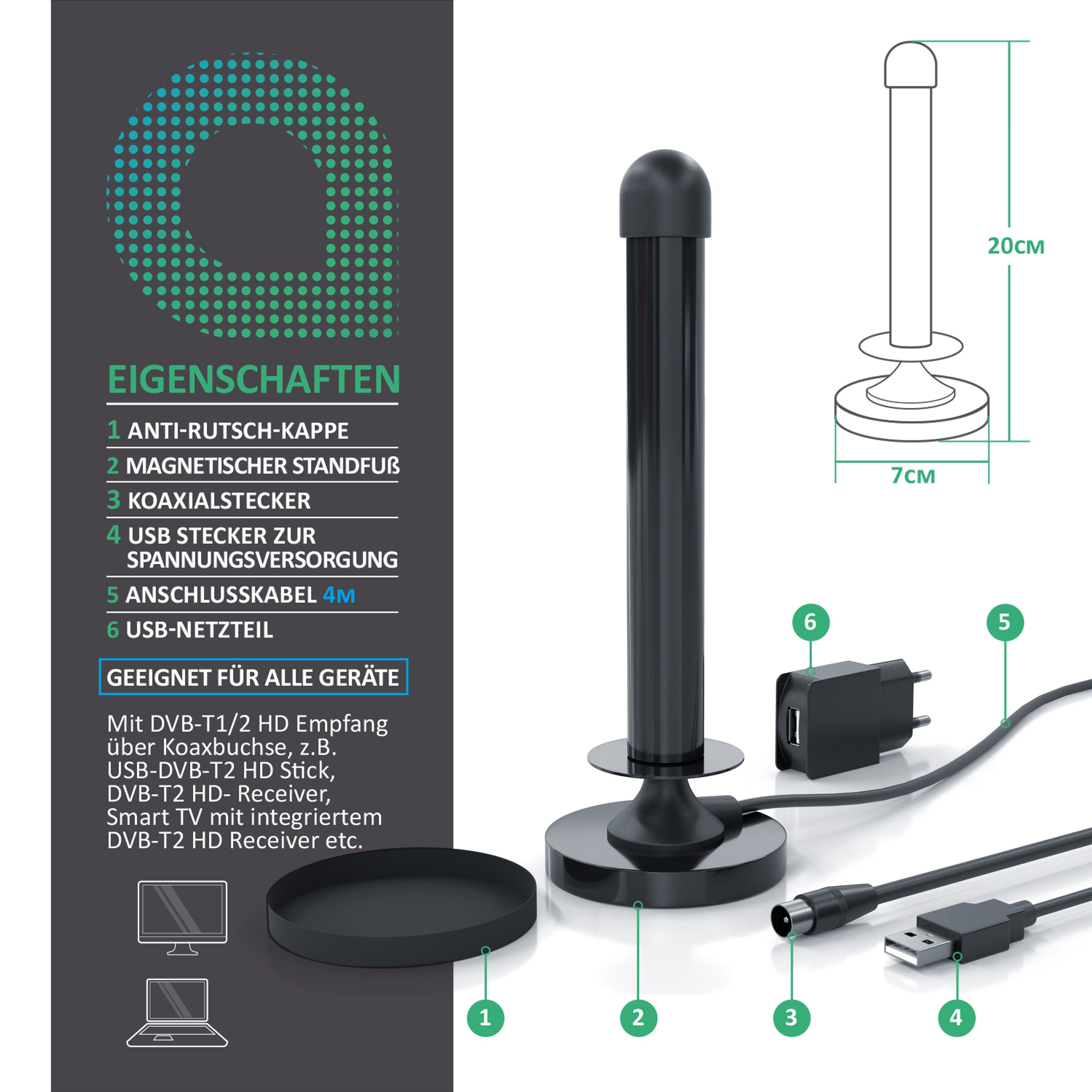 Aplic DVB-T2 HD Antenne aktiv - Digitale HDTV Stabantenne Zimmerantenne Verstärkerantenne - 4 m Kabel USB und Koaxialstecker inkl. USB Netzteil