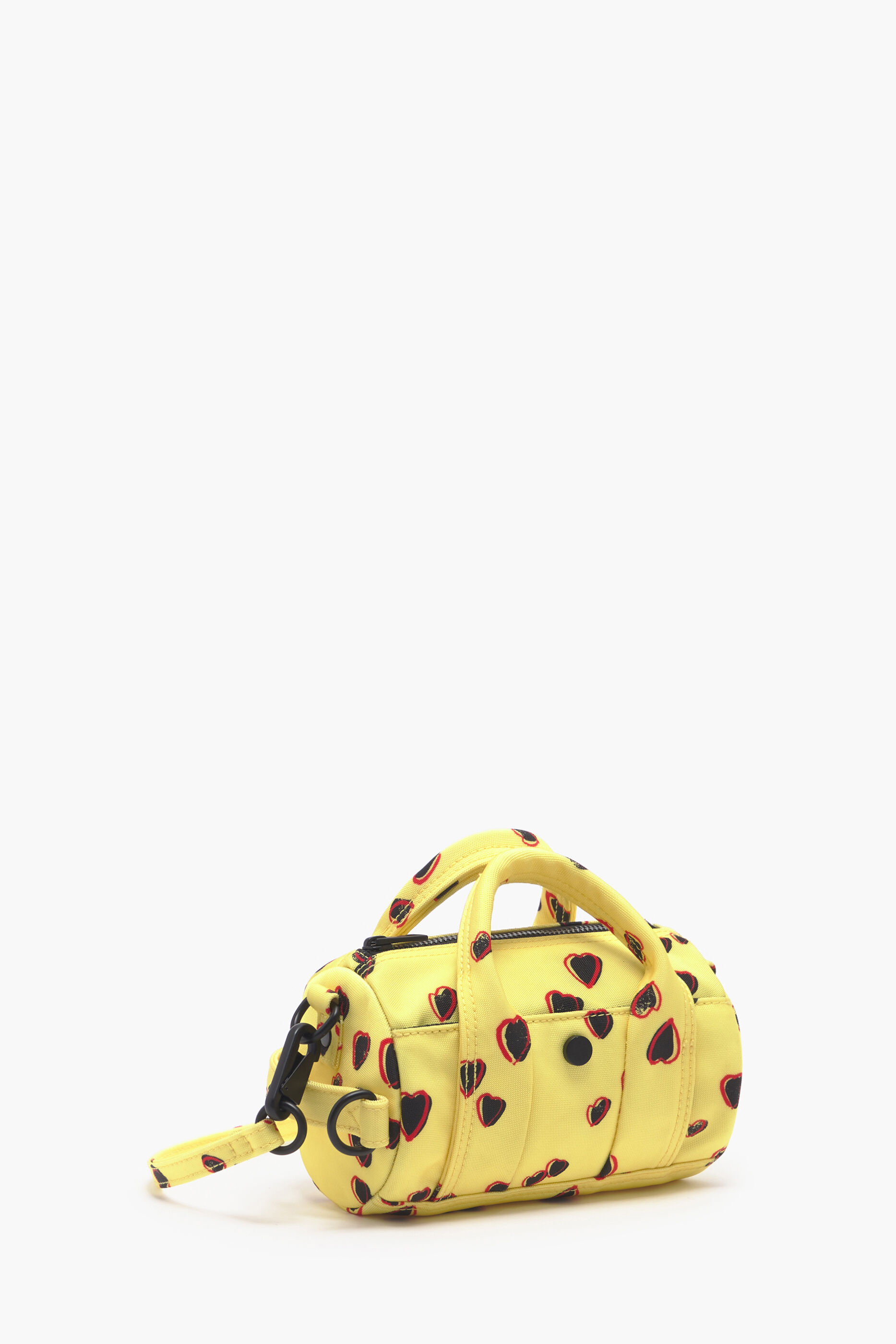 Bolsa cilíndrica de nylon tamanho XS com estampa de pequenos corações, amarela.