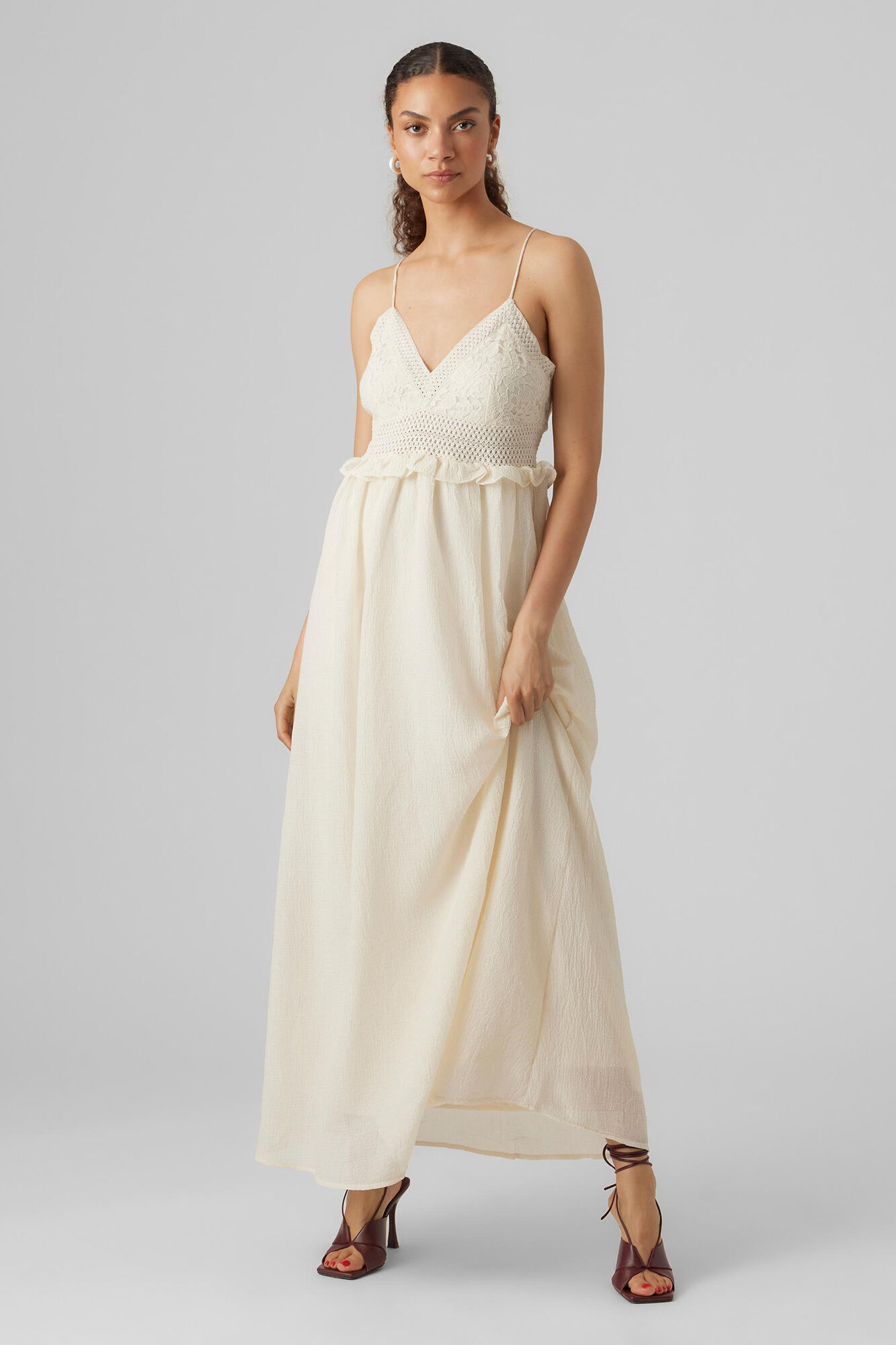 Vestido fluido de tecido com costas cruzadas - Cinza