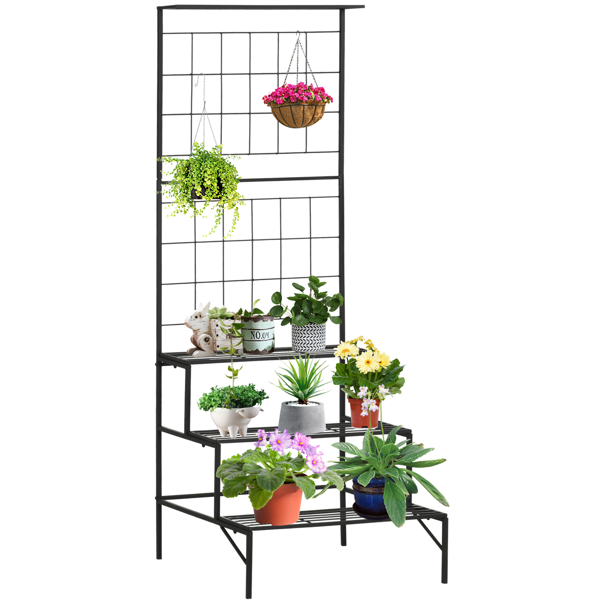 Suporte de metal para plantas Outsunny, com 3 prateleiras, ideal para jardins e varandas externas, 60x53,5x159,5 cm, preto.