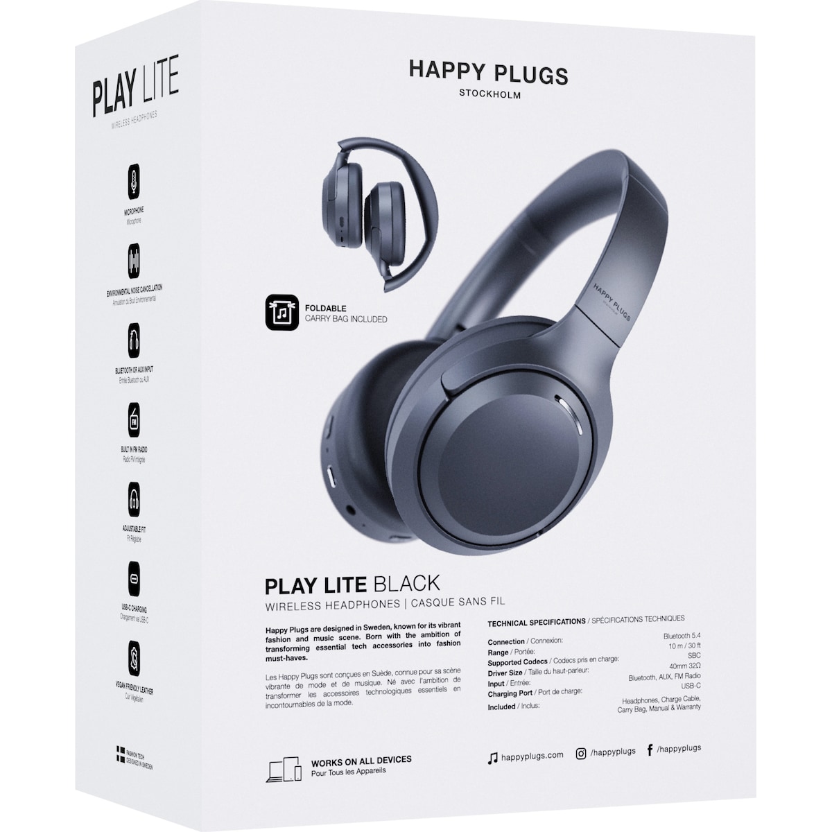 Happy Plugs Play Lite helt trådløse around-ear hodetelefoner (sort)