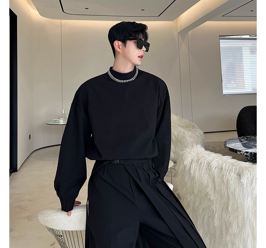 Omozando - Set: Mock Neck Plain Single Breasted Blazer + Mid Rise Wide Leg Pants + Rok