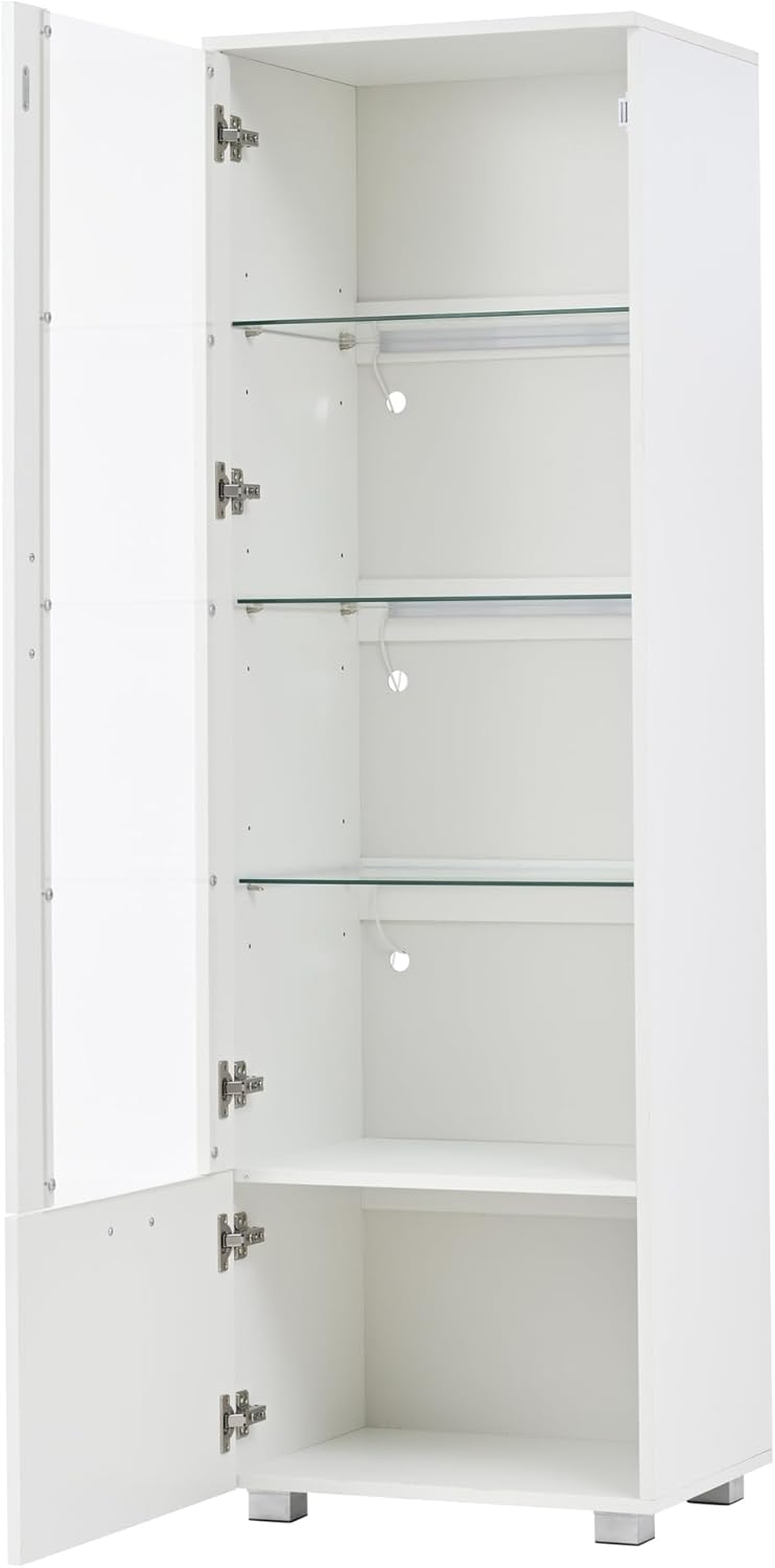 Merax Vitrinenschrank mit LED Beleuchtung, Glasvitrine mit 3 Fachböden, Schublade, Hochglanzvitrinen für Sammlerstücke, Bücherschrank mit Glastüren, für Wohnzimmer, Schlafzimmer, 50x40x160cm, Weiß