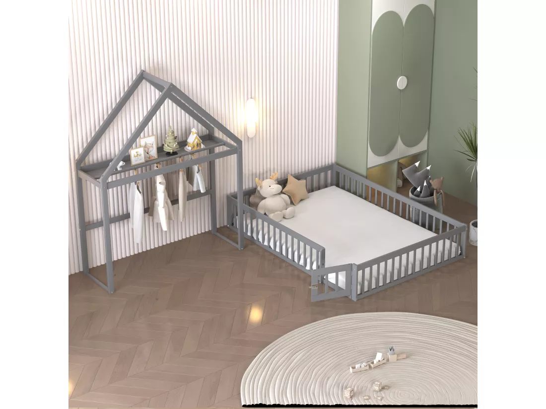 Lit enfant cabane 140x200cm en bois massif - avec tringle à vêtements - Gris