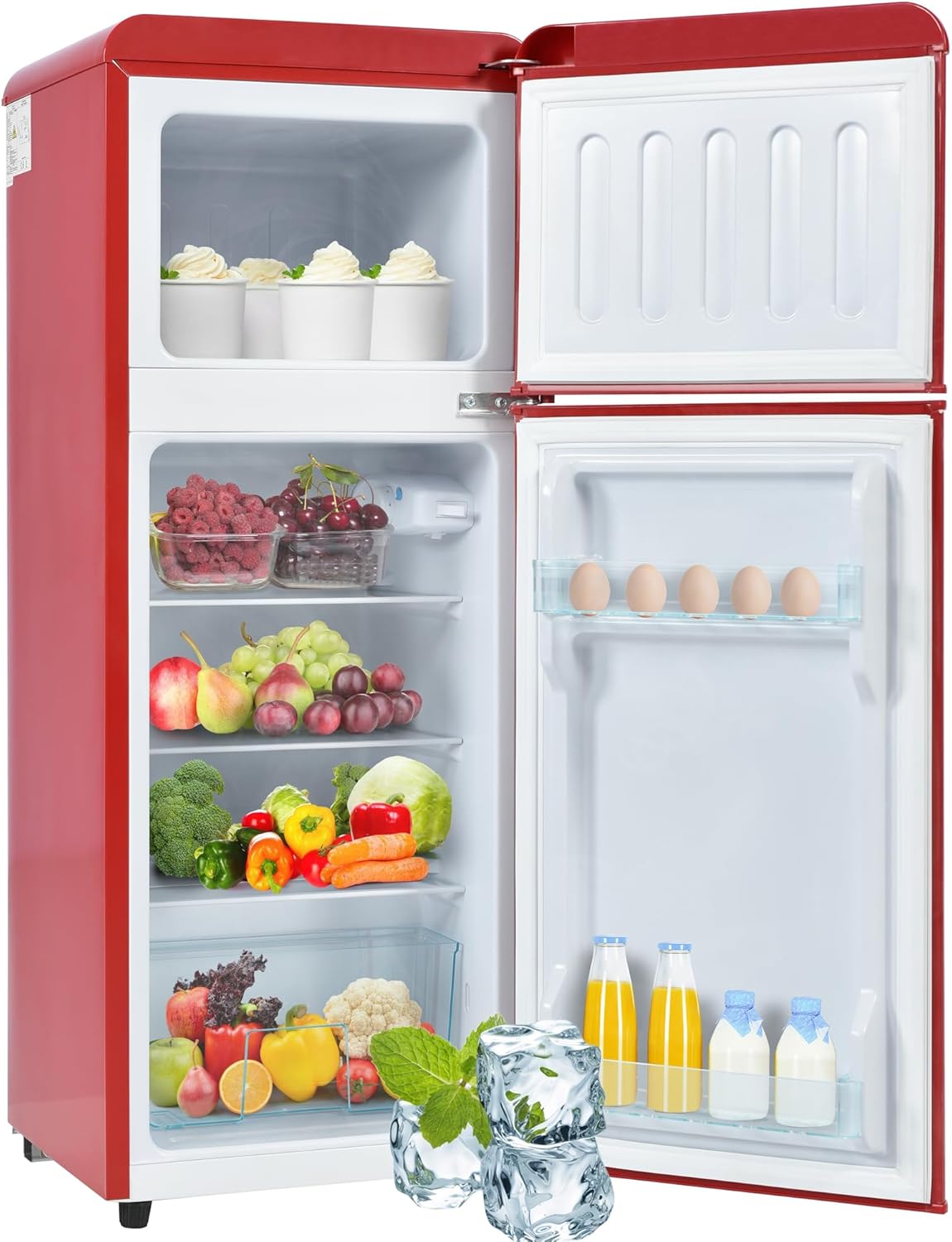 Merax Retro Kühlschrank Mini-Kühlschrank mit Gefrierfunktion, Zweitürig, 92L, 4-Sterne Gefrierfach, LED-Beleuchtung, 116 kWh/Jahr, Kompakt & Freistehend, 28L Gefriervolumen Rot