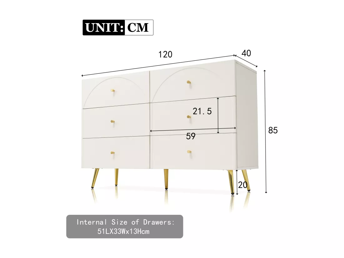 Armoire à tiroirs laiteux avec 6 tiroirs, buffet plateau haut pour chambre et tous les espaces de vie - h85 / B120 / T40 cm