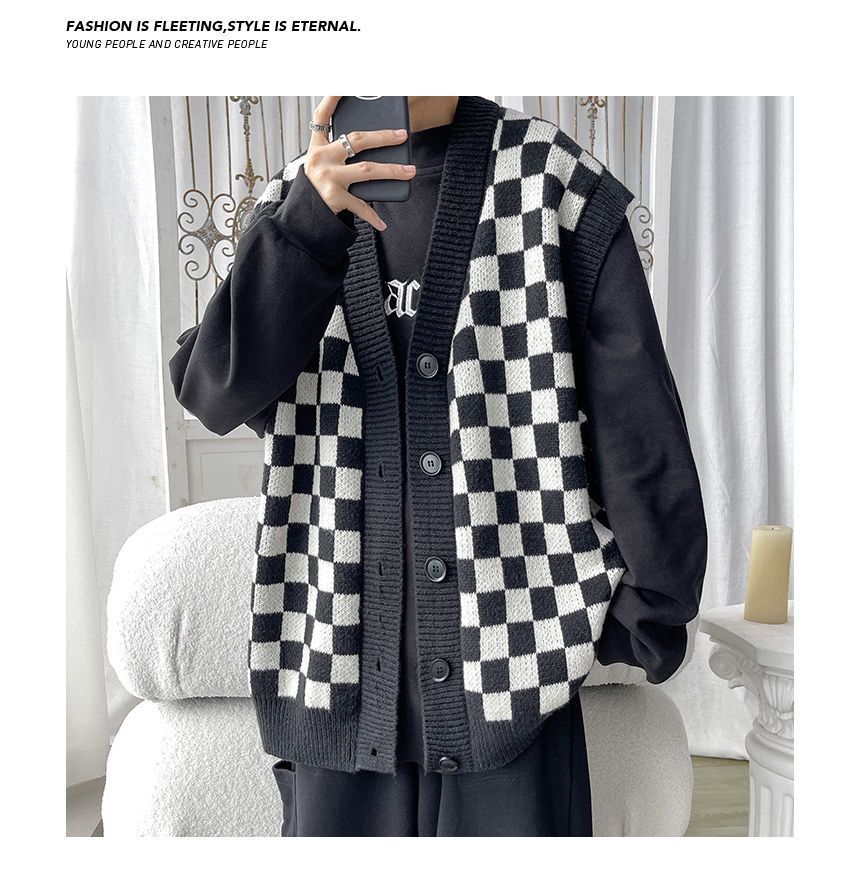 POSI - Checkerboard Single-Breasted Sweater Vest