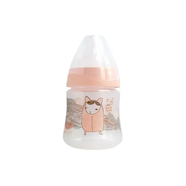 Mamadeira anticólica Bébisol de silicone, gargalo largo, +0m, coelhinhos rosa, 150ml