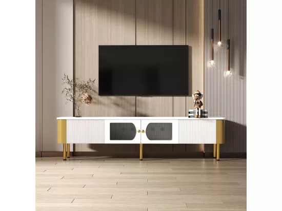 Banc TV avec tiroirs et panneaux de porte spécialement moulés, poignées et pieds dorés, forme arquée,170x45x50cm,Blanc