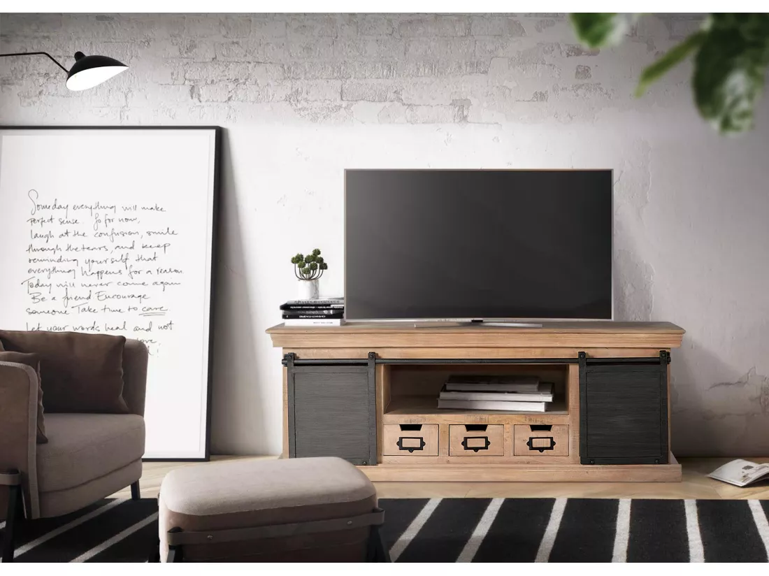 Meuble TV en manguier et pieds en métal naturel et gris Multicolor.Giner y Colomer.55x40x150