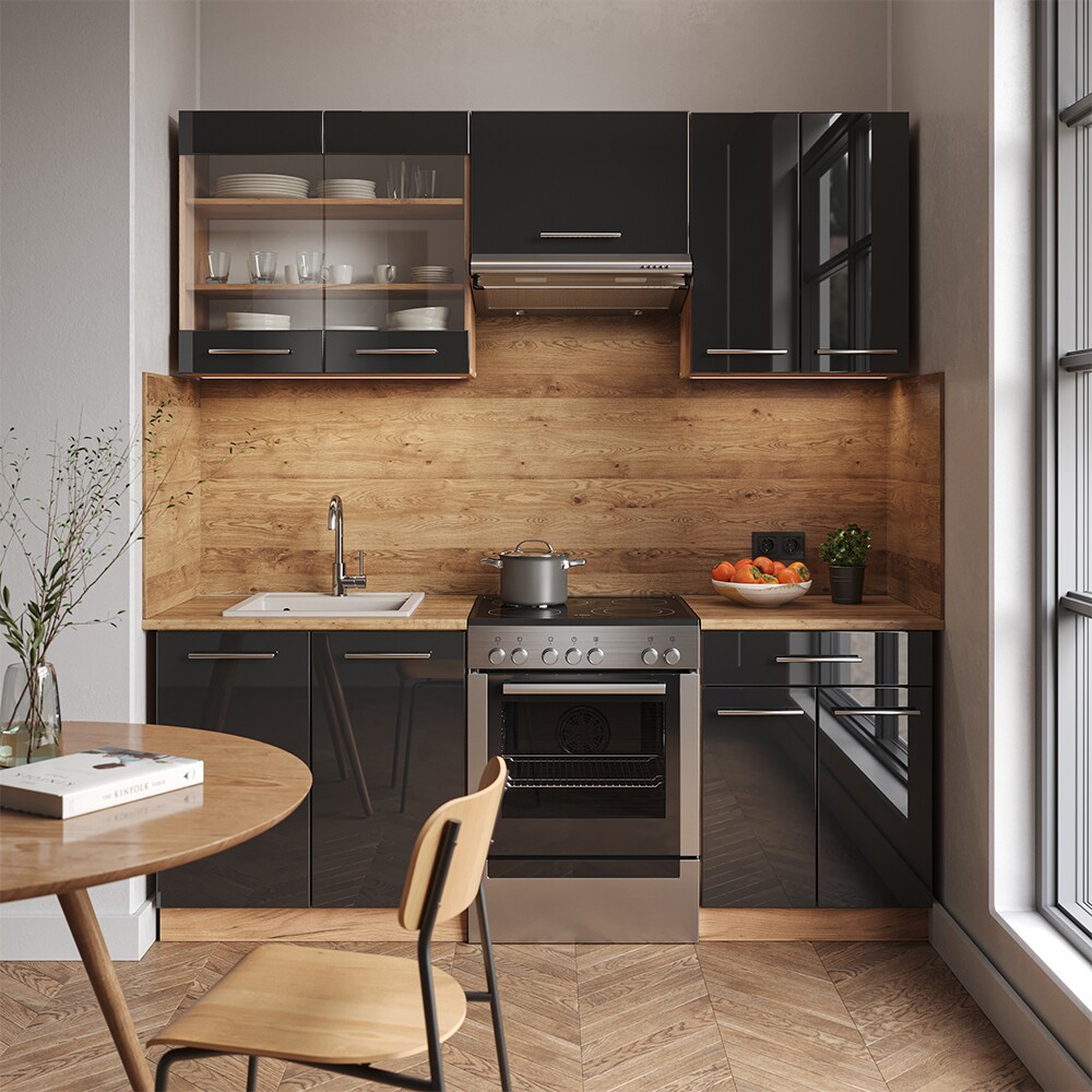 Vicco Küchenzeile Küchenblock Einbauküche Fame-Line Eiche Anthrazit 200 cm modern Küchen Schränke Schubunterschrank Spülenunterschrank Hängeschrank Hängeglasschrank Hochglanz
