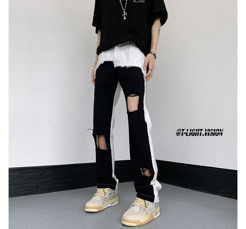 ROOSE - Mid Rise Two-Tone Distressed Wide Leg Jeans