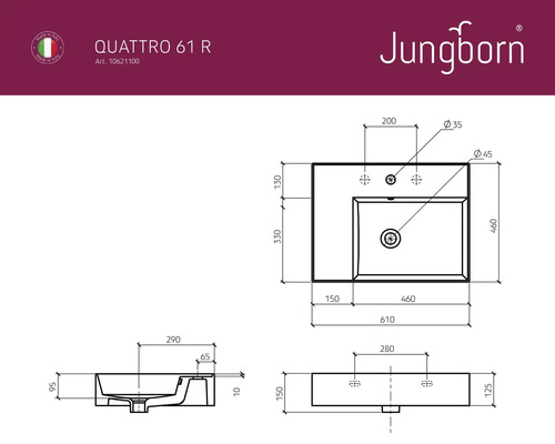 Jungborn QUATTRO wastafel, planchet links, 61 x 46 cm, glanzend wit