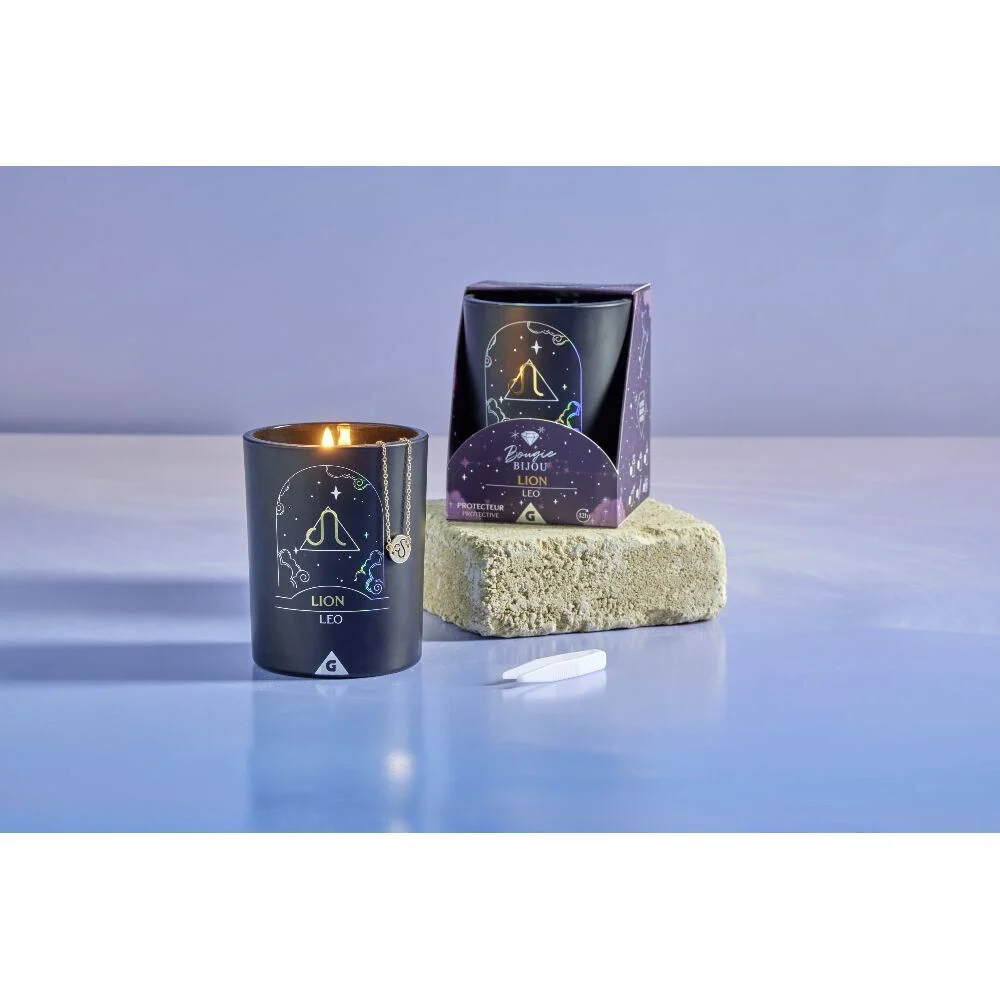 Bougie bijou doré signe astro Lion senteur noix de coco 36H