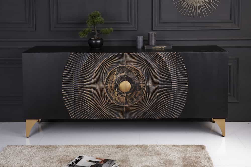 Handgearbeitetes Sideboard GOLDEN SUNSET 180cm schwarz mit 3D Schnitzereien gold Mangoholz Metallbeine