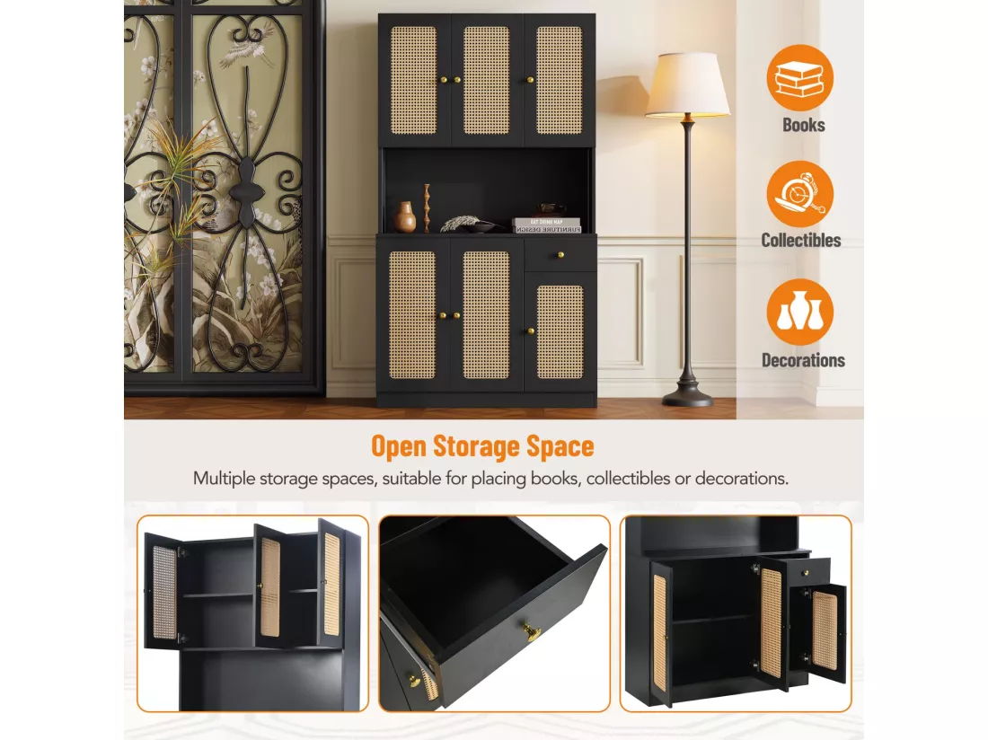 Vitrine H 180cm - 6 portes en rotin et un tiroir - Noir