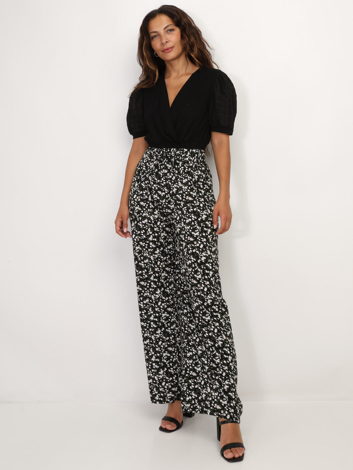 Pantalon fluide à motif floral- Noir