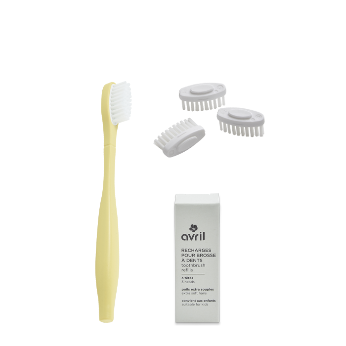 Kit enfant manche jaune + 3 têtes de brosse à dents - Poils extra souples