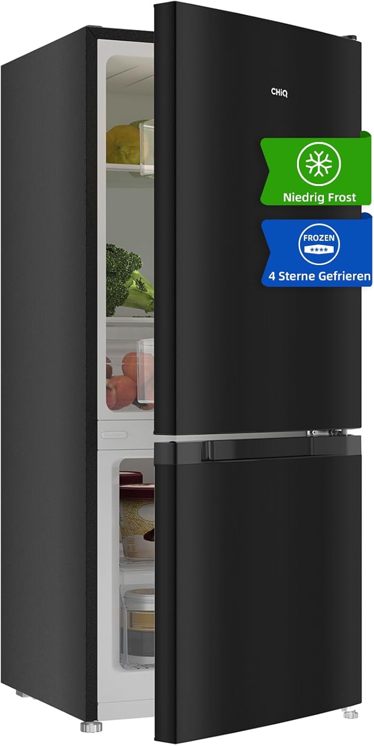 CHIQ Freistehender Kühlschrank mit Gefrierfach | Kühl-Gefrierkombination 114 cm Höhe, 47 cm Breit, 117L| 4 Sterne Gefrieren -24℃ | LED Litcht | Dunkler Edelstahl Look, for Eigentumswohnungen