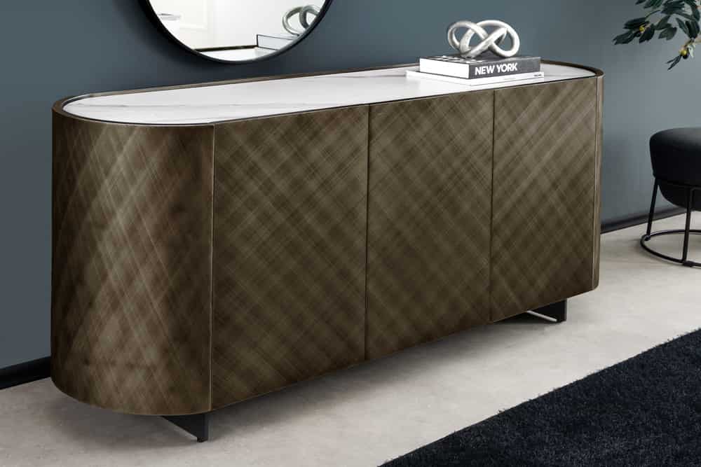 Design Sideboard REFLECTION 150cm weiß Keramik Marmor bronze 3D Effekt brushed Finish