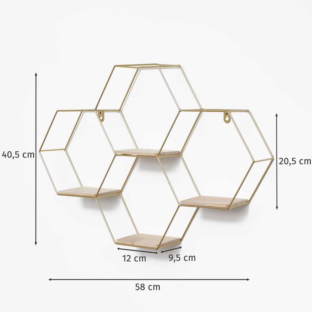Etagère murale quadruple hexagonale en métal - 40,5x58 cm - or