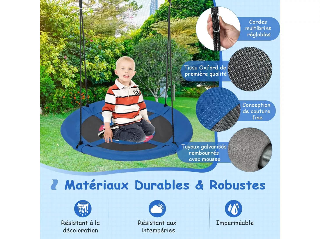 Balançoire Nid d'Oiseau Ø 102cm Enfants avec Motif Fusée, Balançoire Soucoupe en Tissu et velours Oxford Intérieur Extérieur avec Cordes Réglables (140-180cm), Charge 100kg pour Enfants de 3-12 Ans