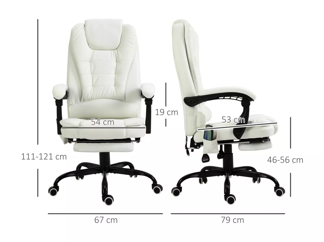 Vinsetto Fauteuil de bureau direction massant hauteur réglable dossier inclinable repose-pied + coussin lombaires intégrés revêtement synthétique blanc