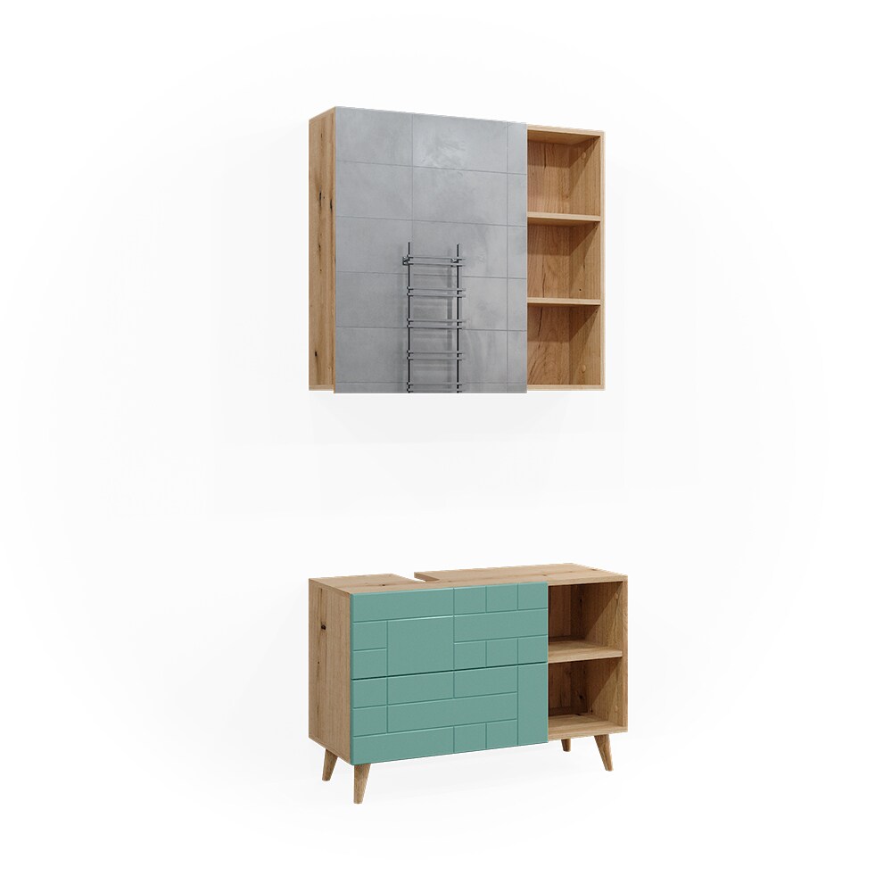 Vicco Badmöbel-Set Rudi in Eiche Evoke Mintgrün, Badezimmer, moderne Badserie Waschbeckenunterschrank Spiegelschrank