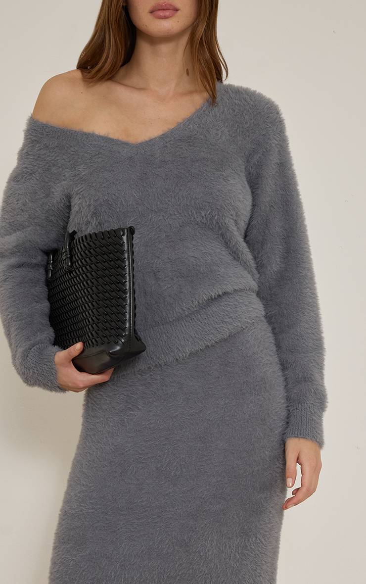 Gris Jupe Longue En Maille Duveteuse