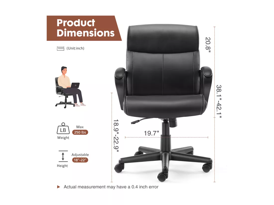 Chaise de bureau d'ordinateur avec support lombaire, réglable, accoudoir rembourré, pivotant, noir