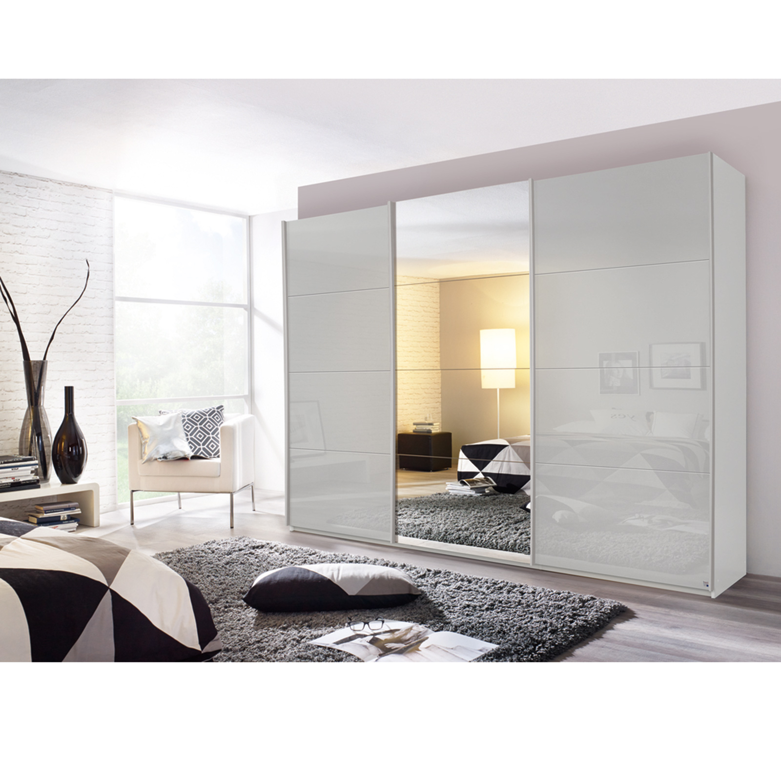 Schwebetürenschrank - seidengrau-alufarben - mit Spiegel - 271x210 cm
