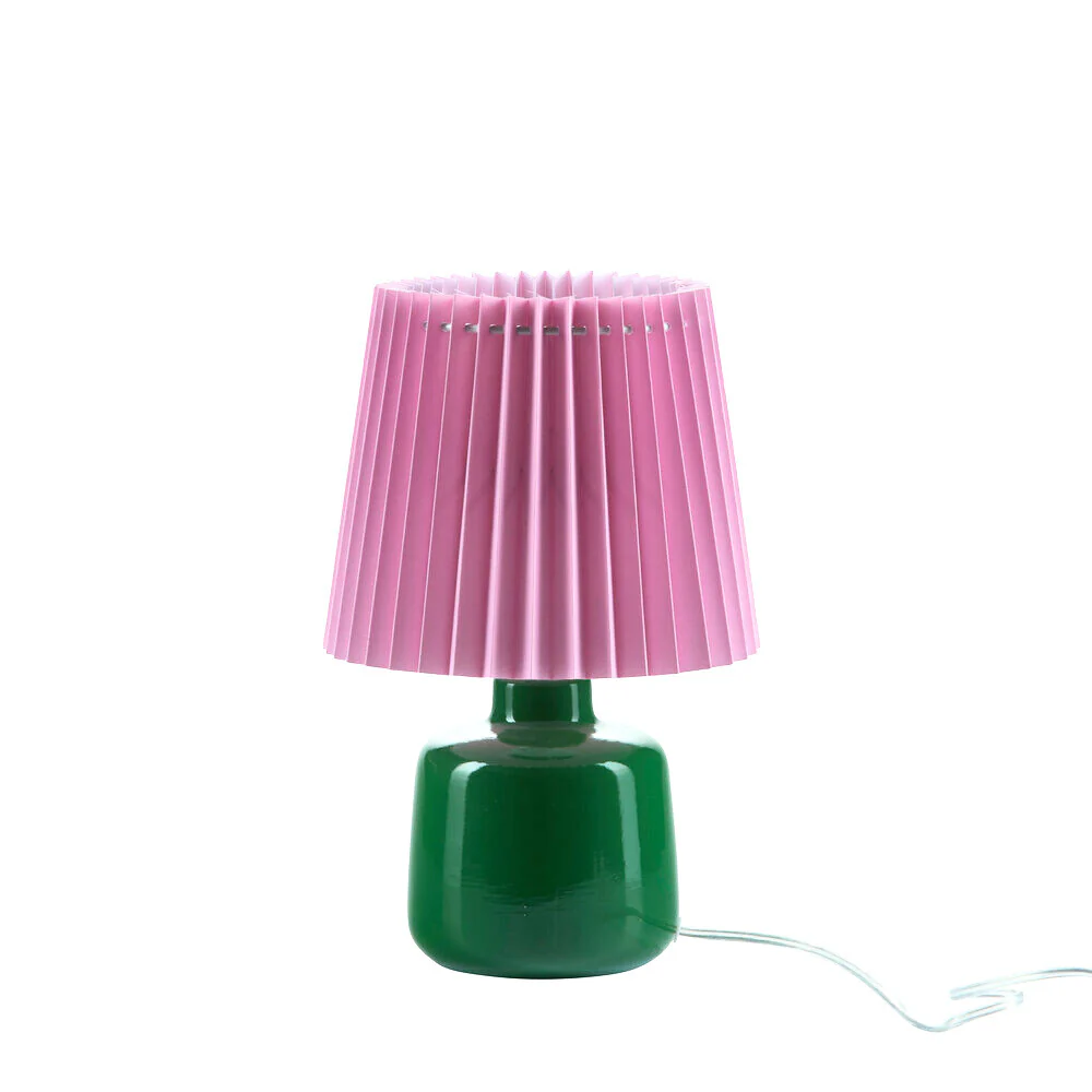 Bahne Interior  Plisseret bordlampe, grøn/pink - H31 cm.