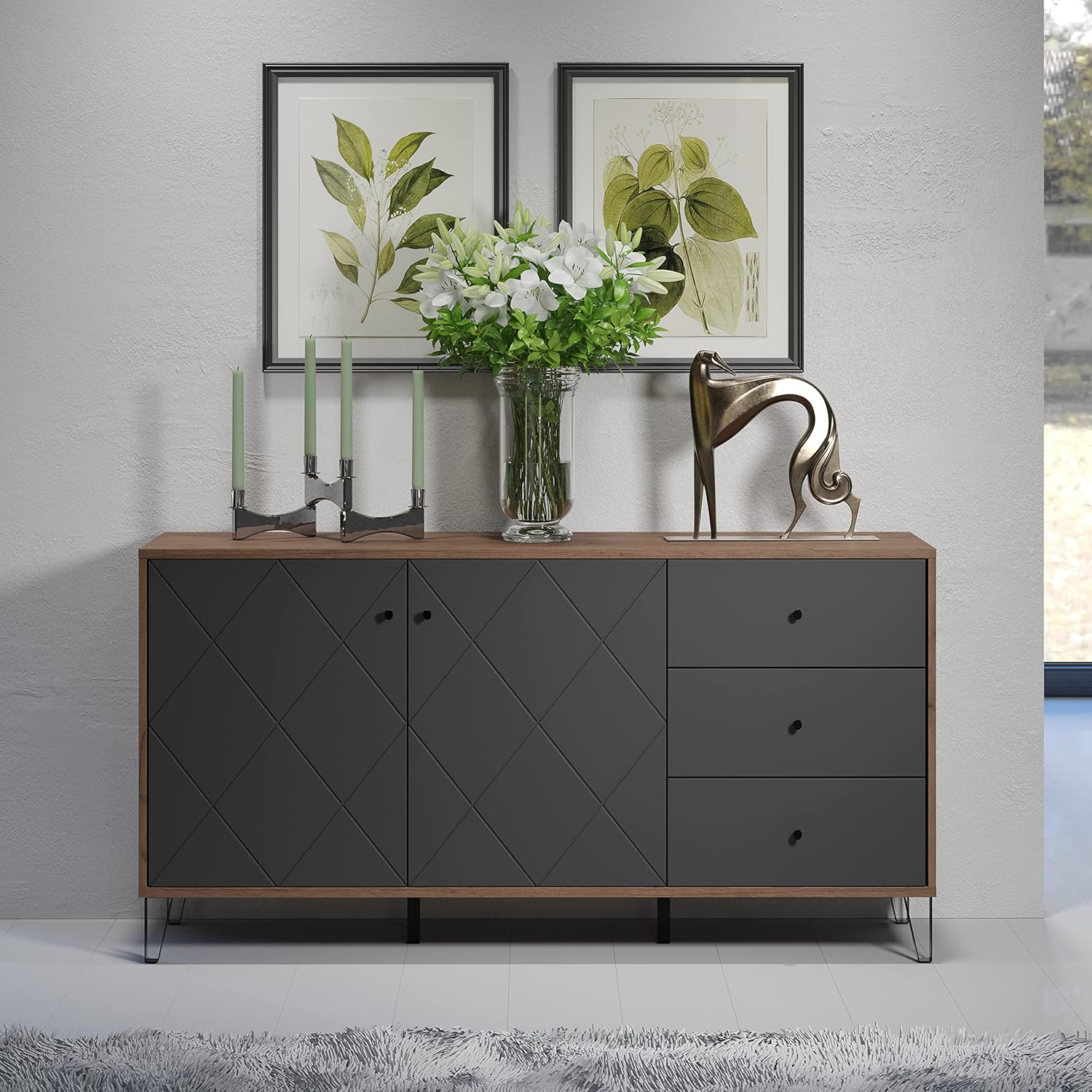 trendteam smart living - Montez - Sideboard - Eiche Kraft Gold/Graphite - 4 Fächer und 3 Schubladen - (BxHxT) 183 x 76 x 40 cm - Soft-Close- und Vollauszug-Funktion - kratzfest
