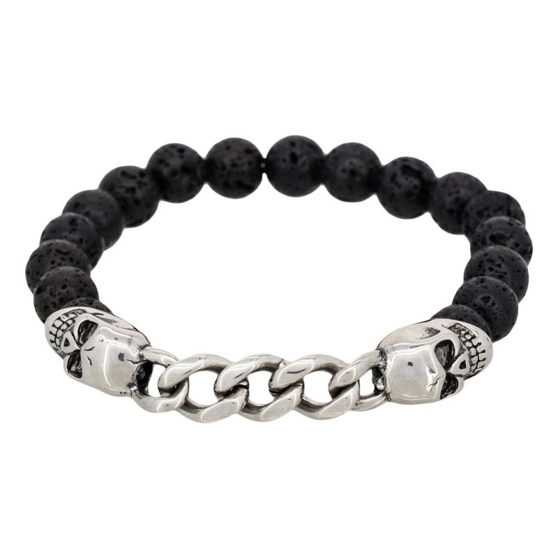 Bracelet Homme acier et pierre de lave noire 