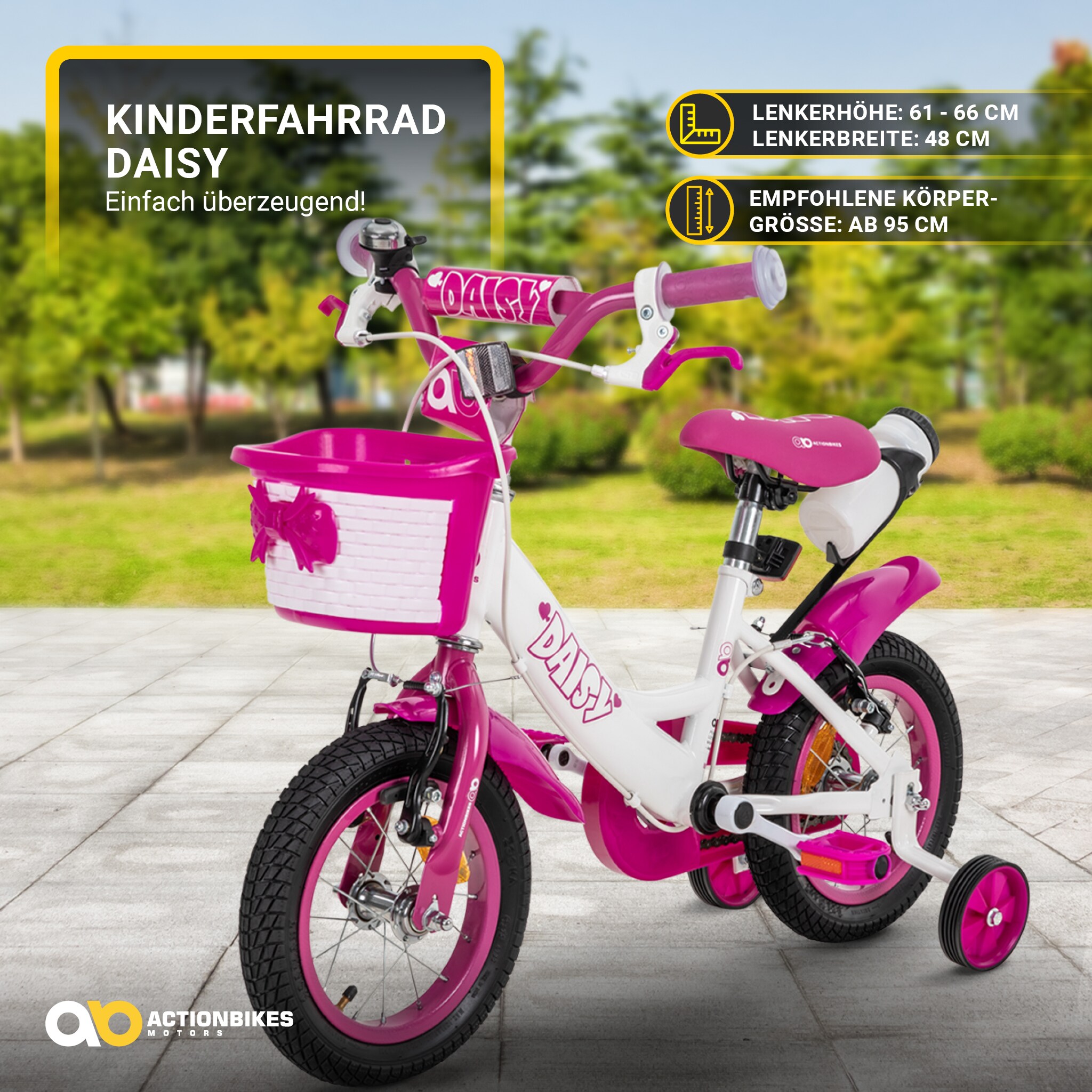 Actionbikes Kinderfahrrad Daisy 12 Zoll, pink, Stützräder, Korb, V-Brake-Bremsen, Antirutschgriffe (East)