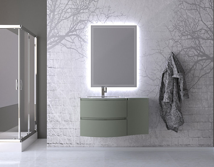 Ensemble Vague L.104 cm meuble sous vasque à suspendre kaki mat + complément droit + plan vasque verre blanc