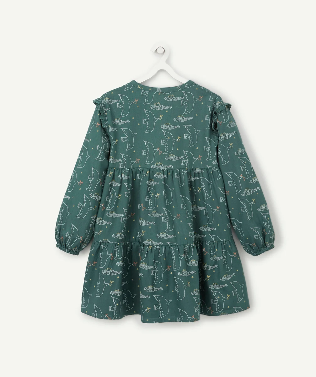 ROBE FILLE EN COTON VERT FONCÉ AVEC MOTIFS OISEAUX ET VAGUES