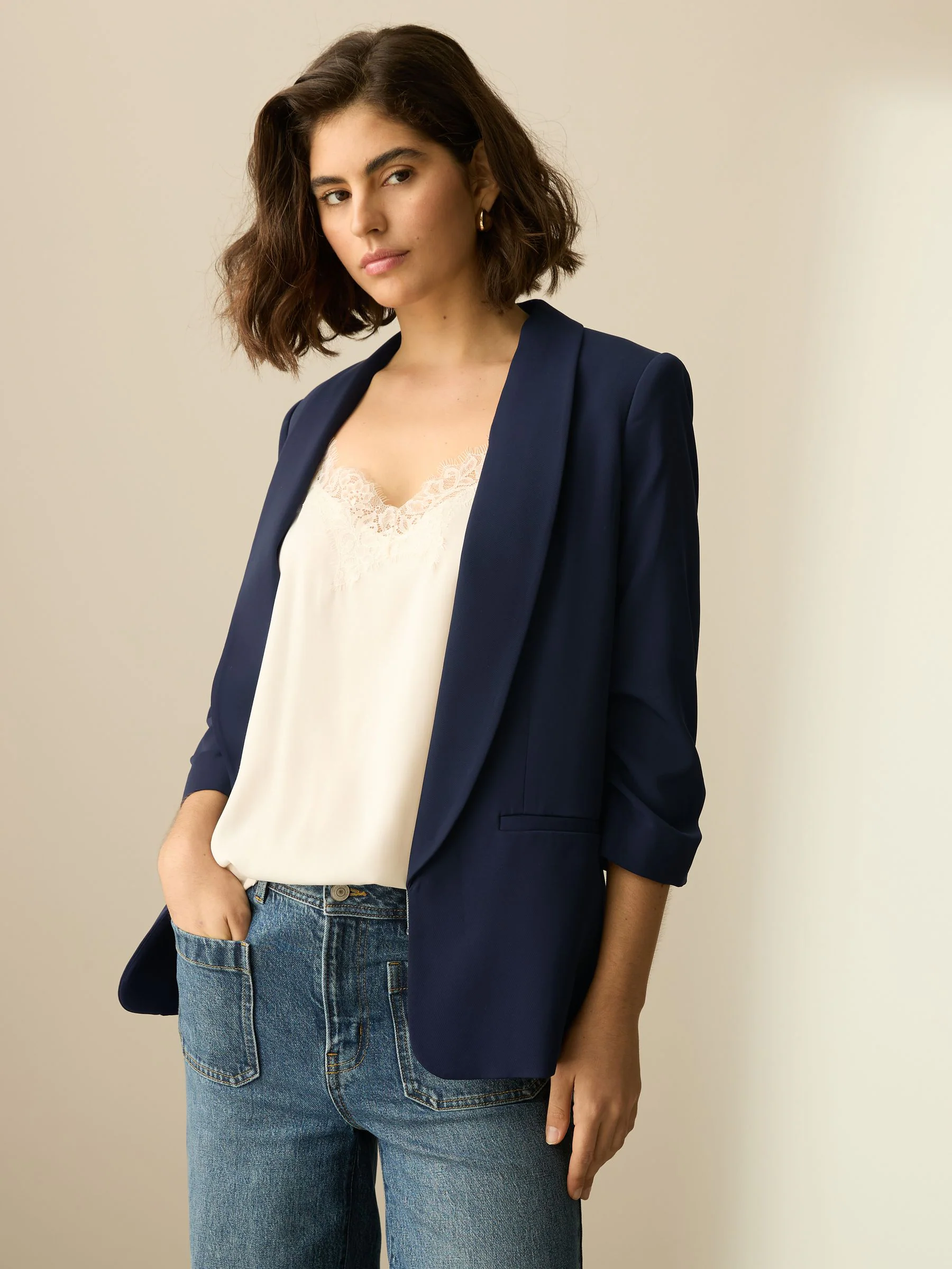 Donkerblauw - Ruimvallend blazer met gerimpelde mouwen