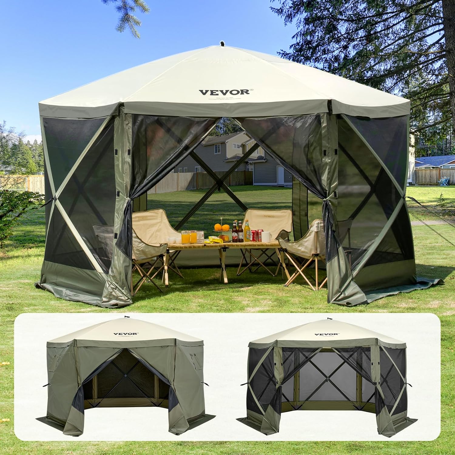 VEVOR Pavillonzelt, Gartenzelt mit 6-seitigem Baldachin, Sonnenschutz mit 6 abnehmbaren Sichtschutz-Windtüchern und Netzfenstern, 3,66 x 3,66 m, Pop up Zelt mit Moskitonetz, Grün