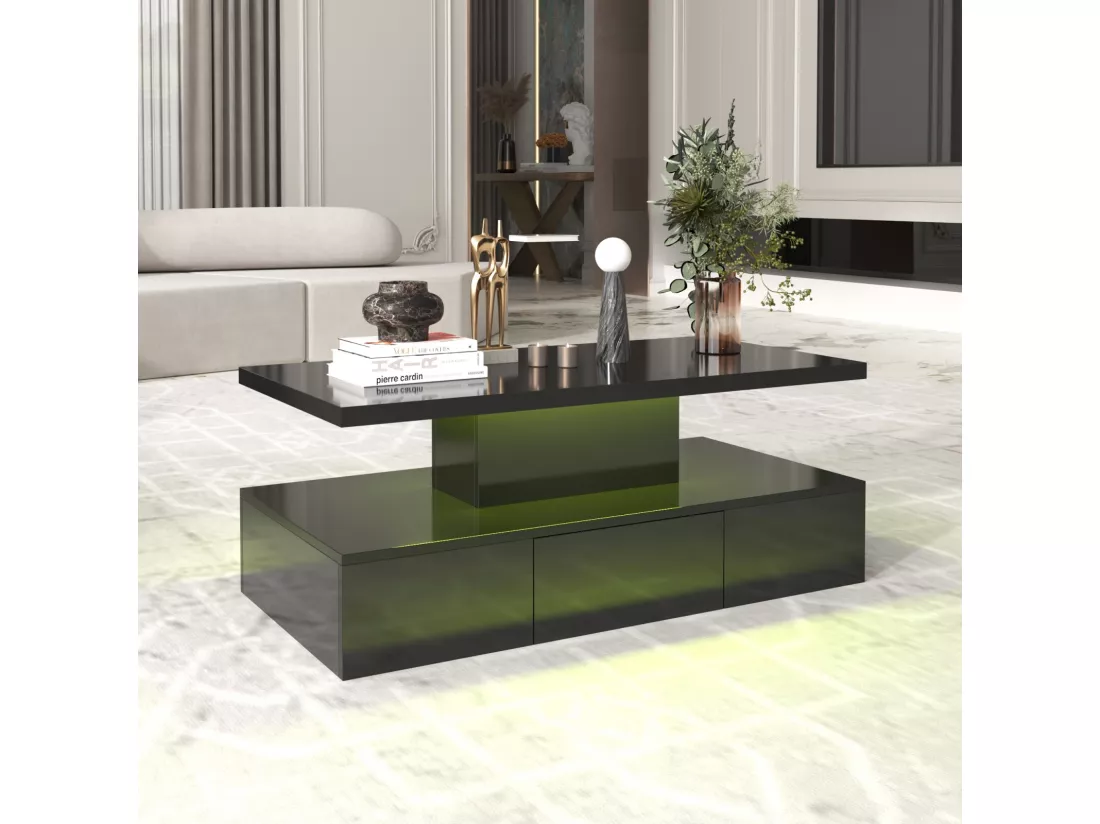 Table basse rectangulaire avec 1 tiroir et LED, 2 niveaux de stockage, 100x50x39cm, Noir