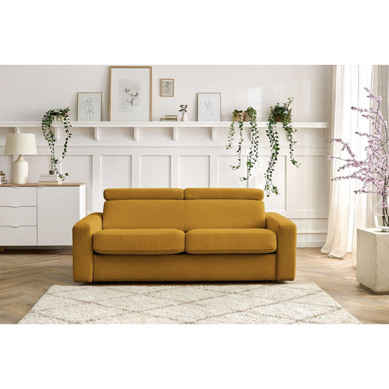 Bobochic Canapé convertible monaco ouverture express tissu lisse jaune - 195x99 cm