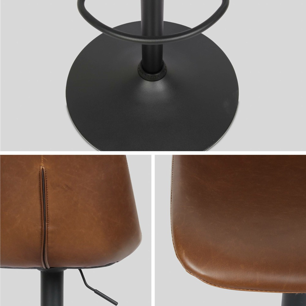 Lot de 2 tabourets de bar réglables - noah - simili cuir marron - hauteur réglable 60.5/81.5cm. Repose-pieds