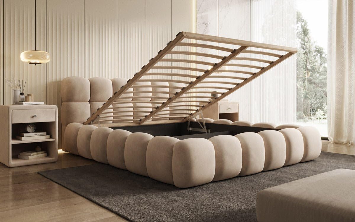 Luxusbetten24 Designer Polsterbett Boston Samt 180x200 mit Stauraum | Bezug: Samt | Farbe: Beige