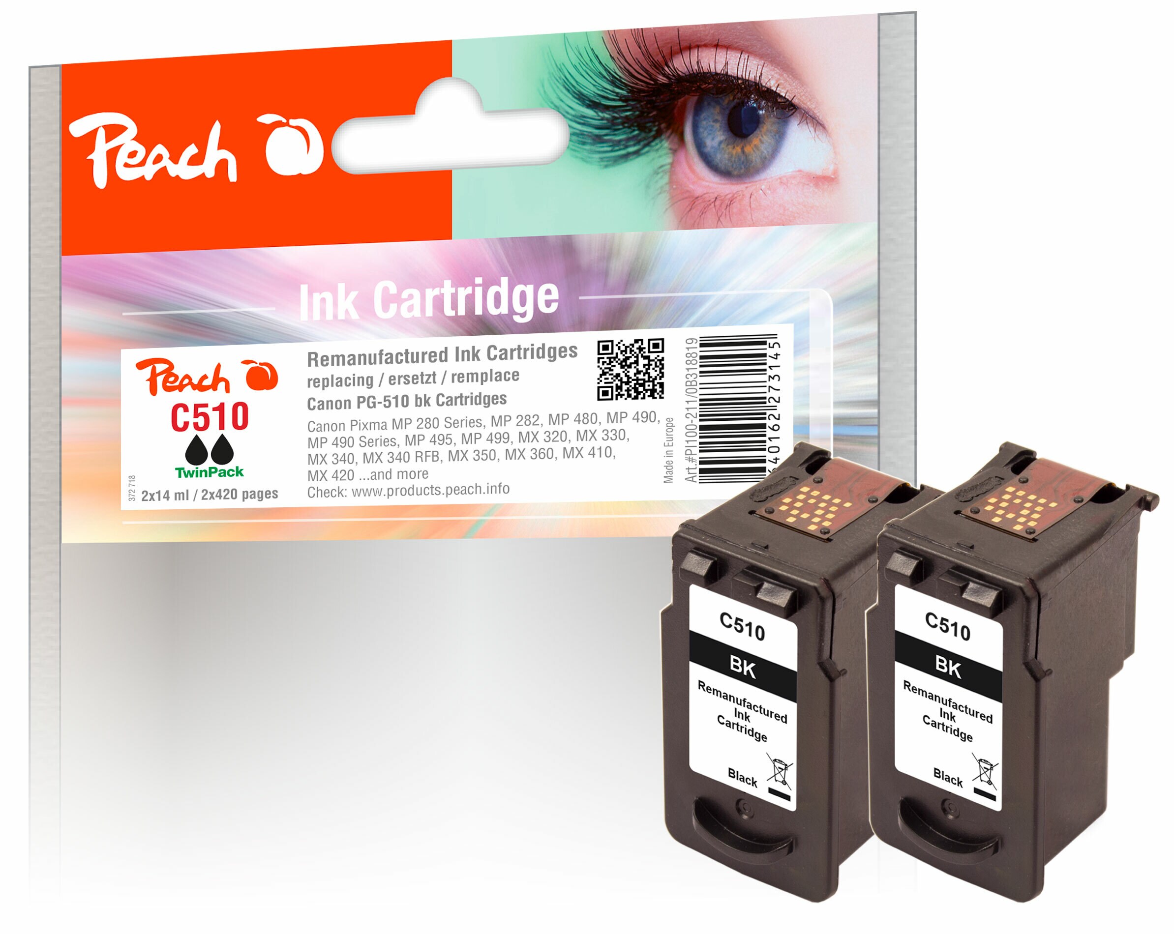 Peach C510 BK 2 Druckköpfe 2*bk ersetzt Canon PG-510BK*2, 2970B001 für z.B. Canon Pixma MP 250, Canon Pixma MX 360, Canon Pixma IP 2700 (wiederaufbereitet)